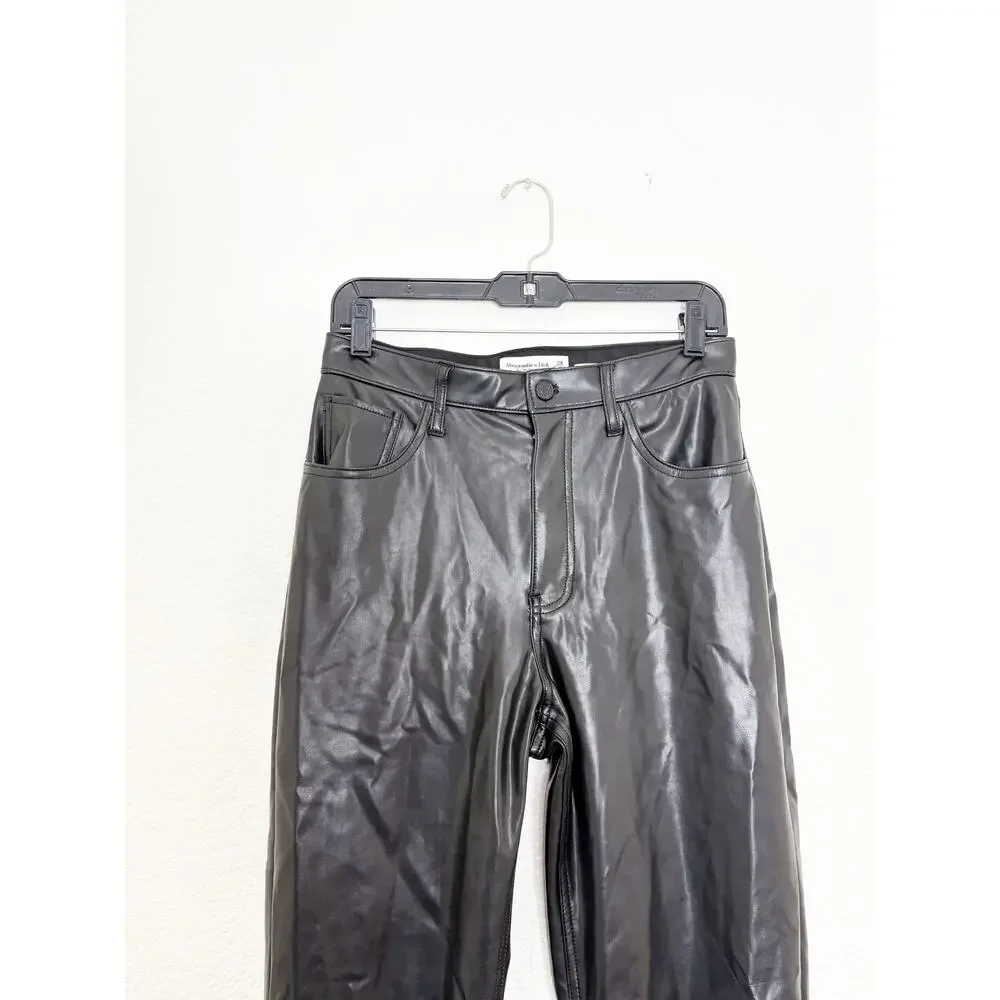 Abercrombie & Fitch High Rise 90s Straight Vegan Leather Pant Size 6/28 Black - Picture 4 of 13
